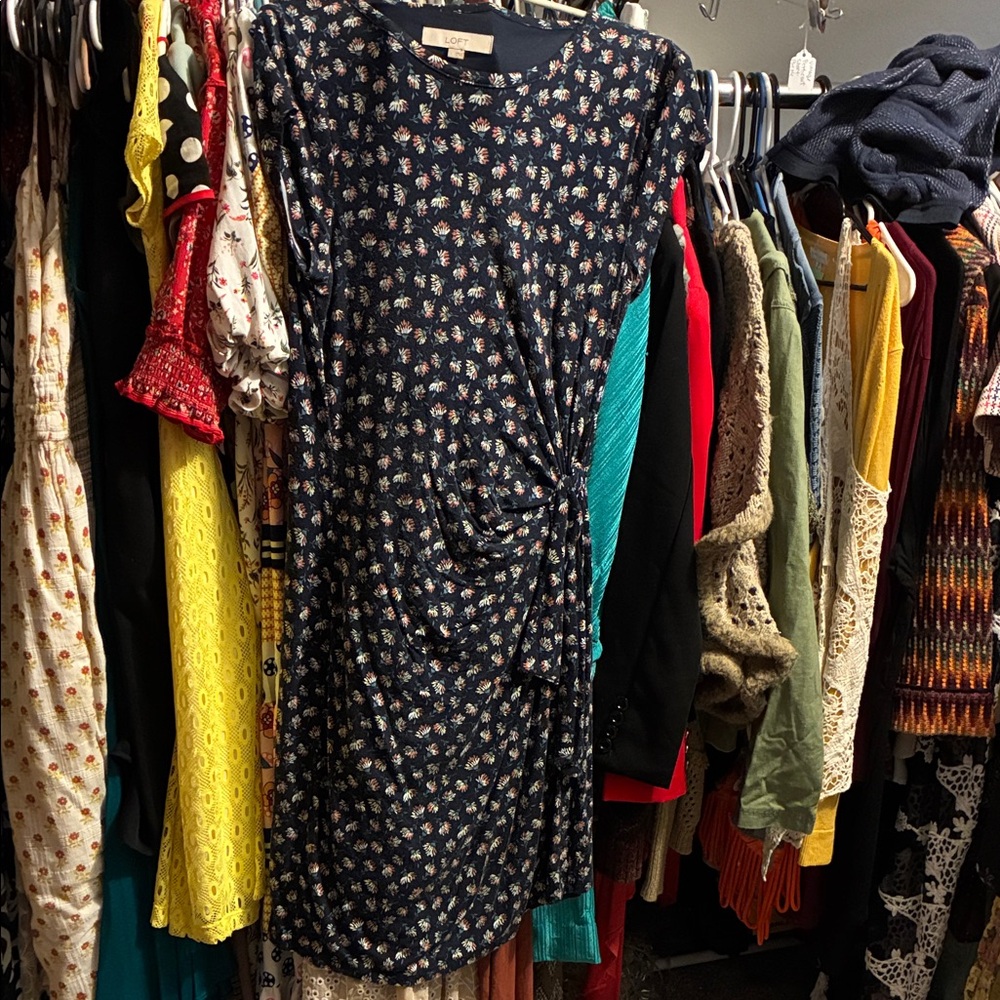 LOFT Navy Dress with Multicolor Floral Design